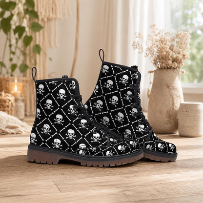Skull Combat Boots, Punk Grunge Lace Up Shoes, Black Goth Biker Boots