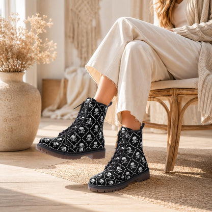 Skull Combat Boots, Punk Grunge Lace Up Shoes, Black Goth Biker Boots