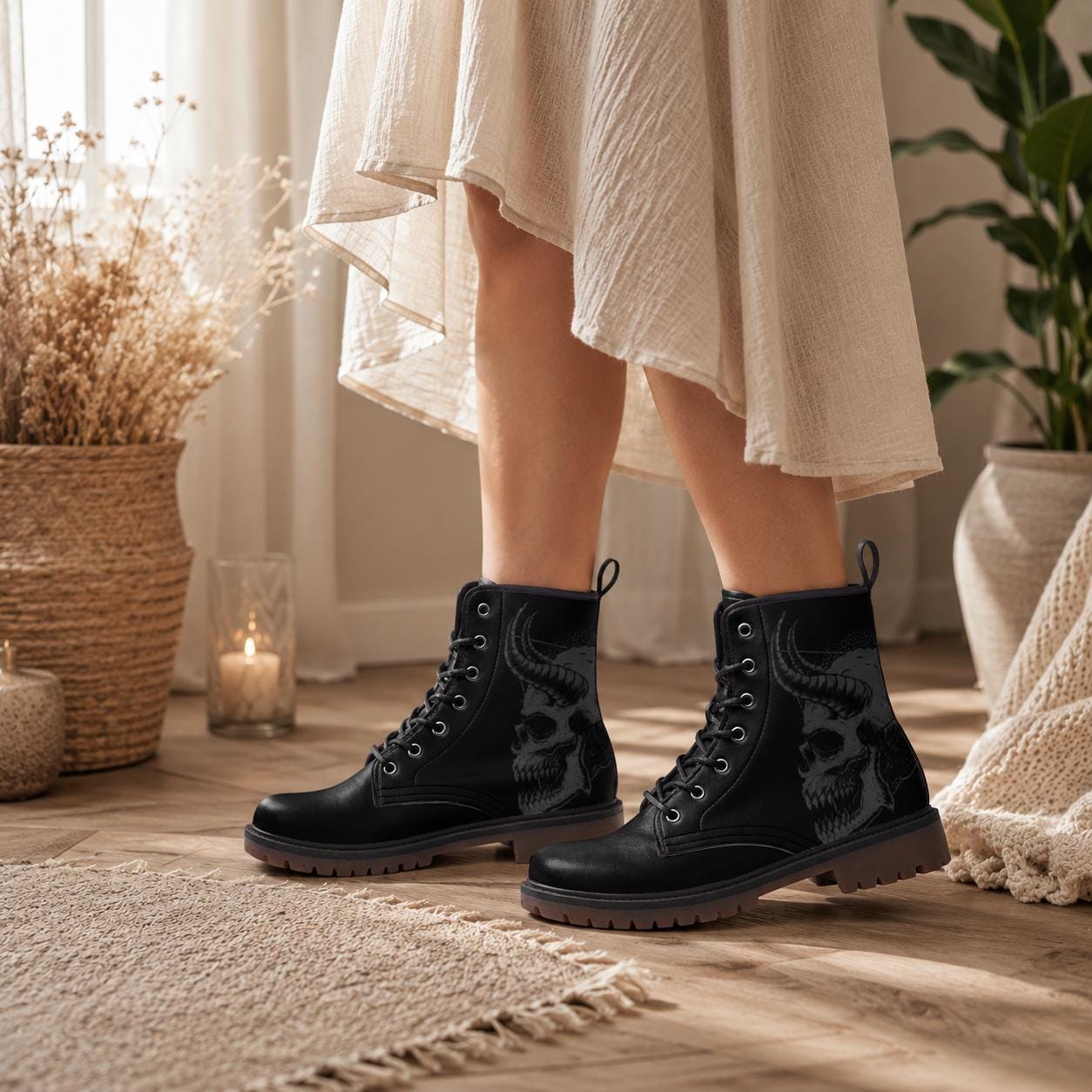 Gothic Skull Vegan Leather Combat Boots, Unisex Punk Lace-Up Ankle Shoes