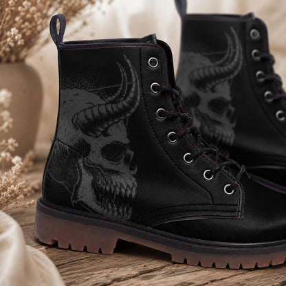 Gothic Skull Vegan Leather Combat Boots, Unisex Punk Lace-Up Ankle Shoes