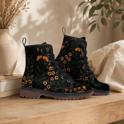 Black Floral Combat Boots, Cottage Goth Lace Up Ankle Boots, Moody Garden Shoes