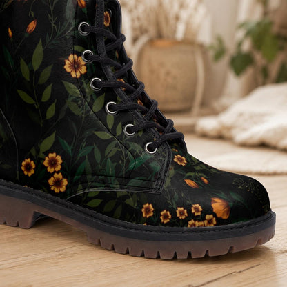 Black Floral Combat Boots, Cottage Goth Lace Up Ankle Boots, Moody Garden Shoes