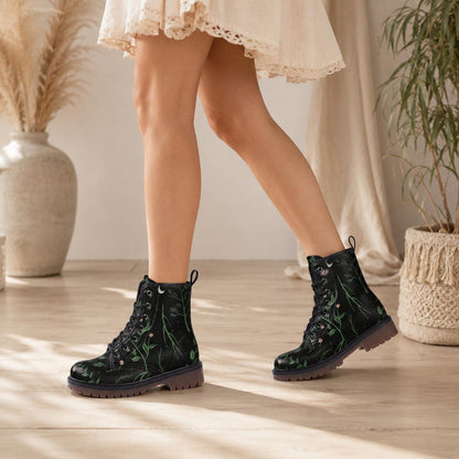 Green botanical combat boots, leaf lace up rave shoes, eco vegan leather