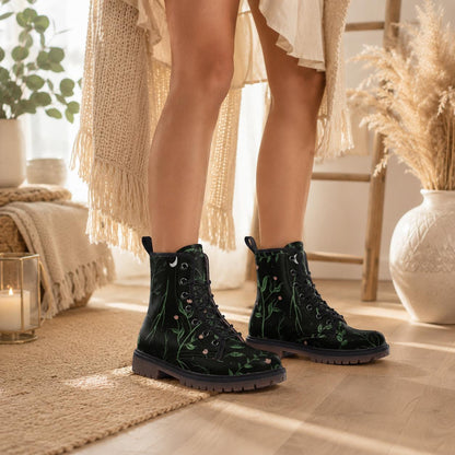 Green botanical combat boots, leaf lace up rave shoes, eco vegan leather