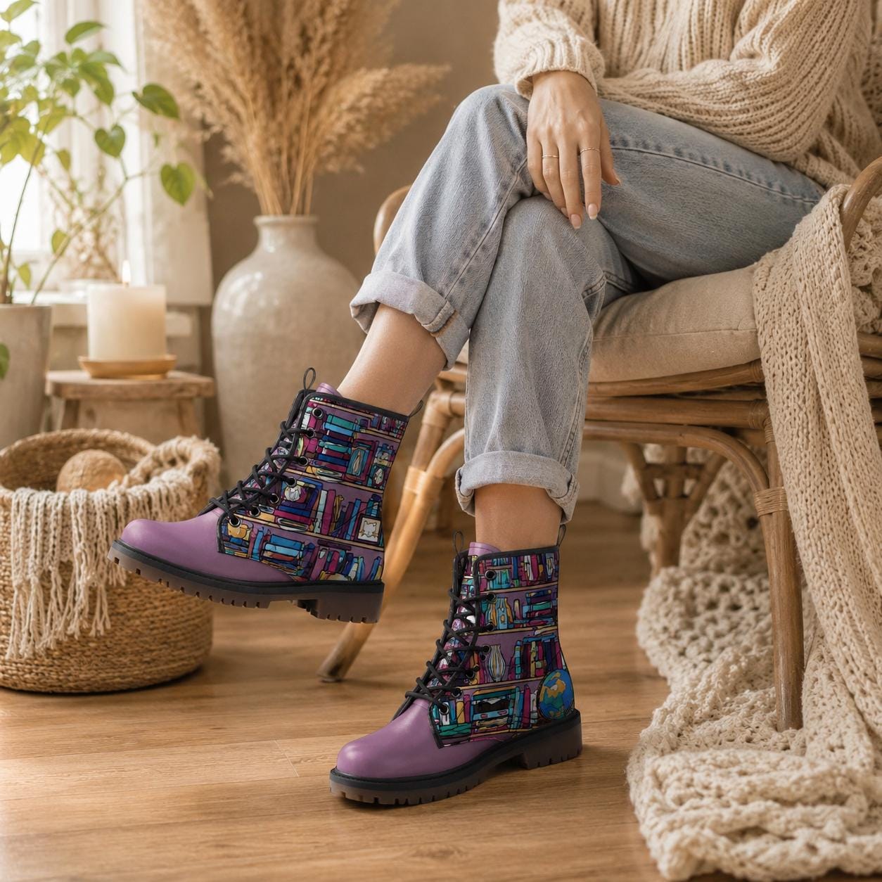 Pastel mushroom combat boots, fairycore lace-up shoes, whimsical cottagecore festival footwear