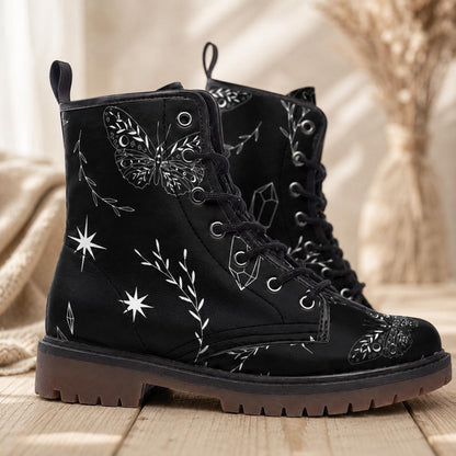 Celestial butterfly boots, black lace up shoes, witchy festival footwear