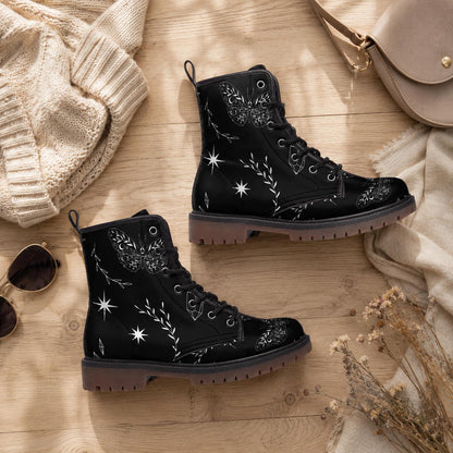 Celestial butterfly boots, black lace up shoes, witchy festival footwear