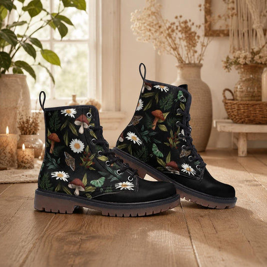 Cottagecore mushroom boots, woodland fairy lace up festival shoes