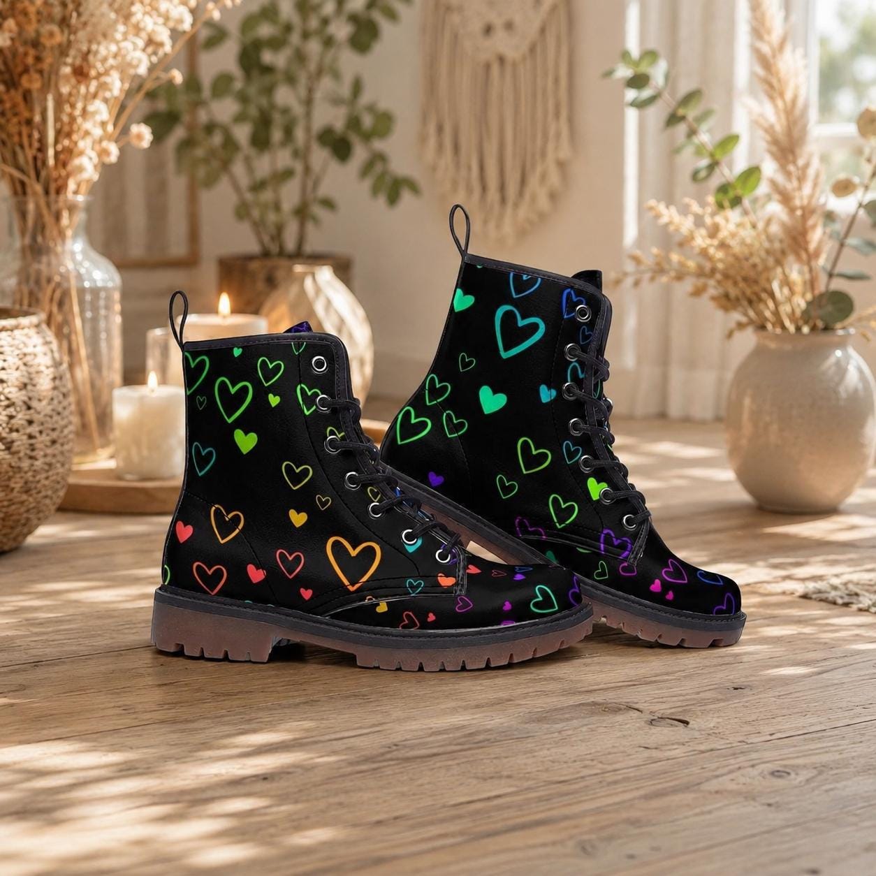 Rainbow Heart Combat Boots, Pastel Pride Lace Up Shoes, Vegan Leather Festival Footwear