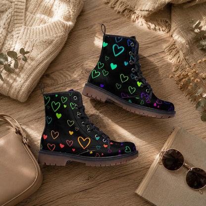 Rainbow Heart Combat Boots, Pastel Pride Lace Up Shoes, Vegan Leather Festival Footwear
