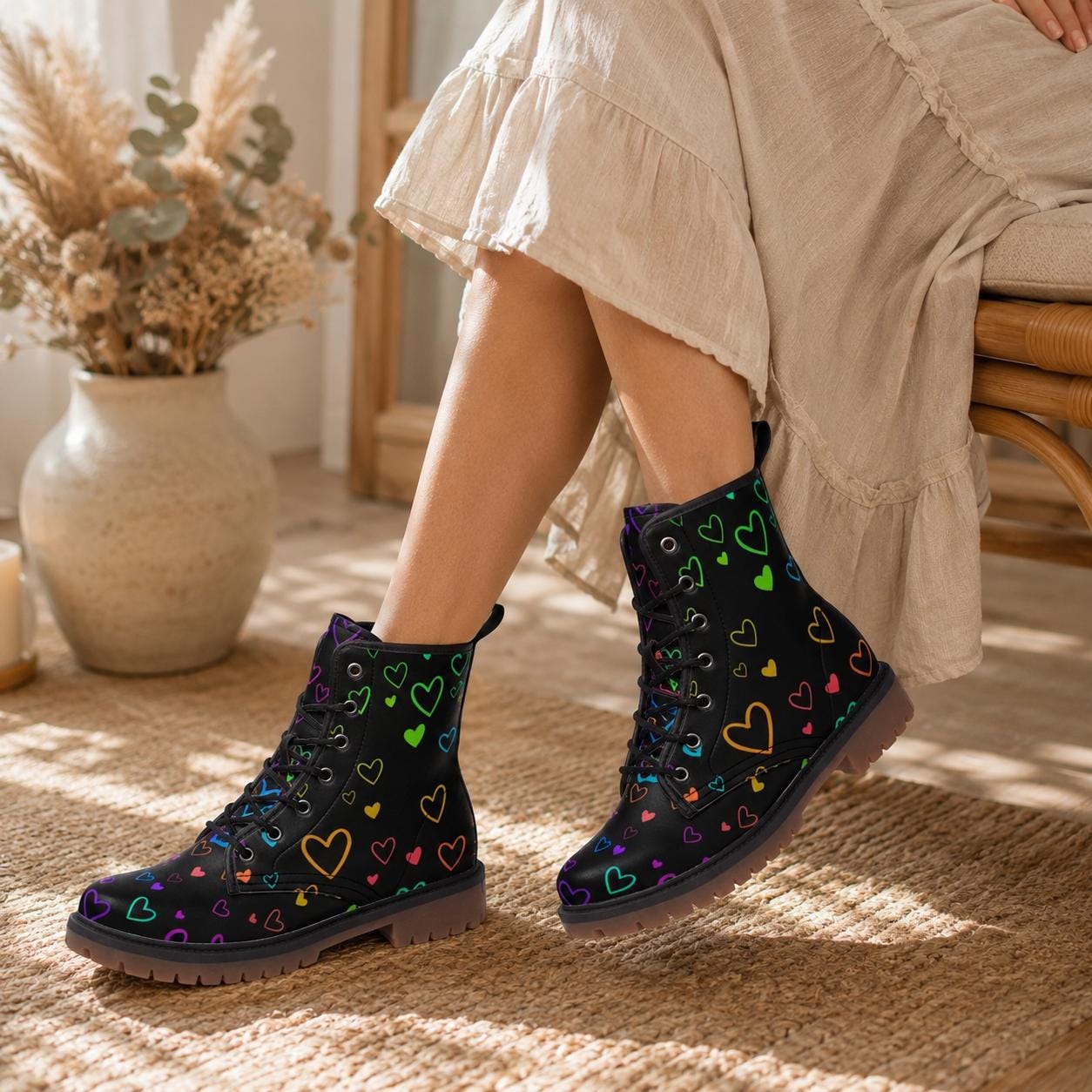 Rainbow Heart Combat Boots, Pastel Pride Lace Up Shoes, Vegan Leather Festival Footwear