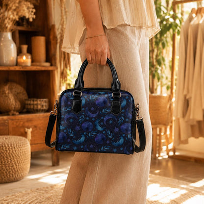 Moon Phase Bowler Bag, Blue Astrology Handbag, Night Sky Shoulder Purse