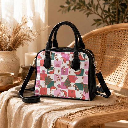 Pink Christmas Purse, Retro Holiday Handbag, Candy Cane Checkerboard Satchel