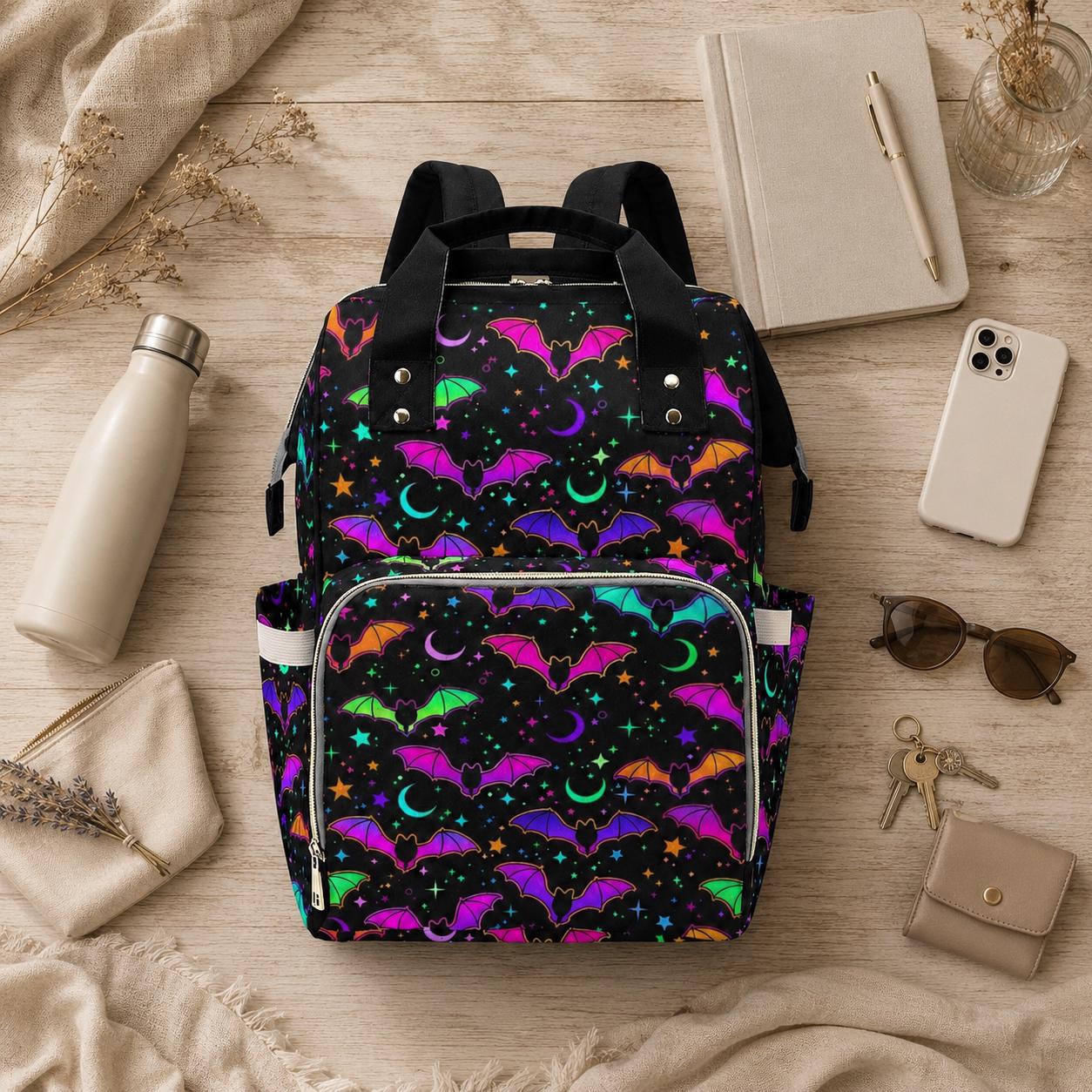 Halloween Diaper Bag Backpack, Neon Bat Baby Bag, Spooky Mom Travel Backpack