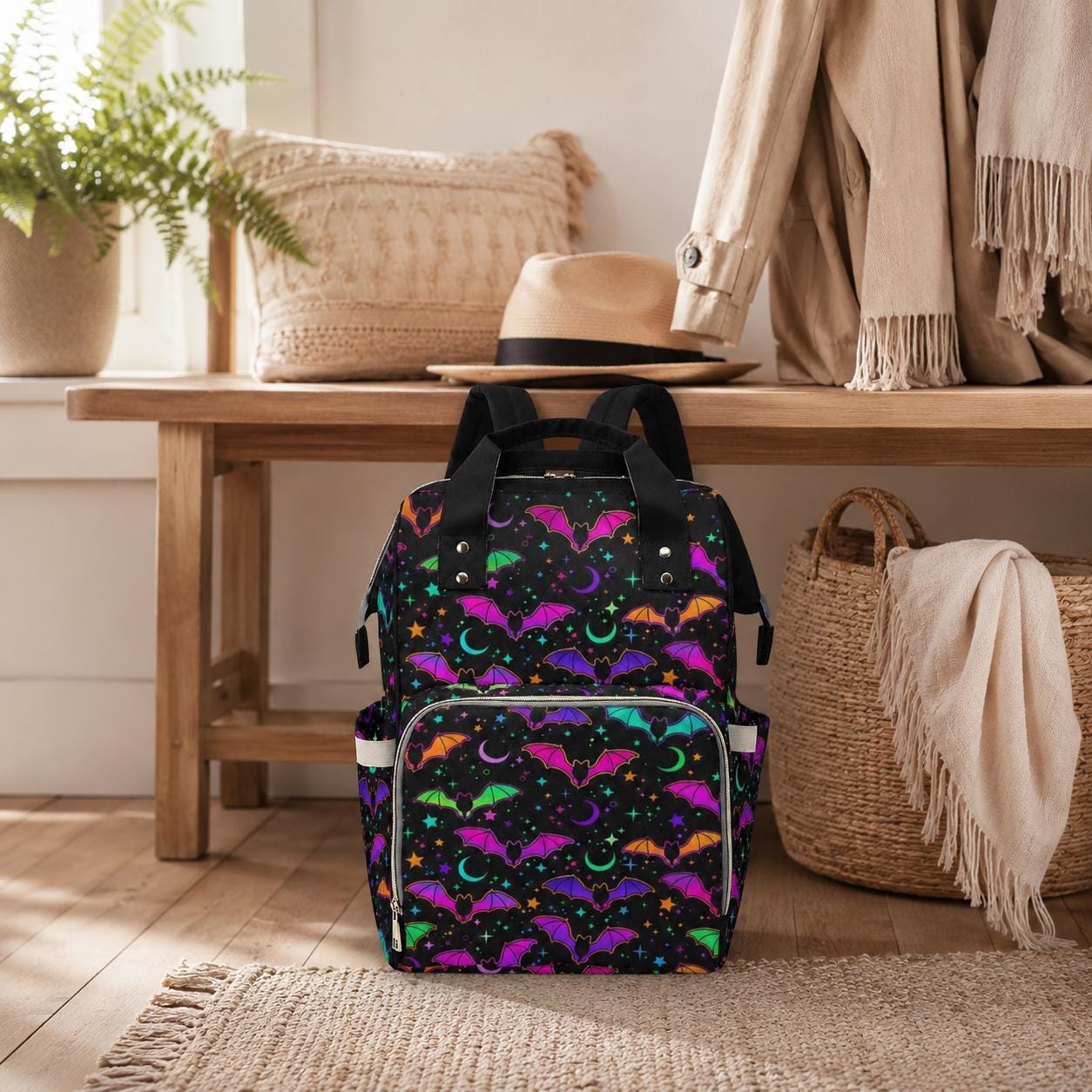 Halloween Diaper Bag Backpack, Neon Bat Baby Bag, Spooky Mom Travel Backpack