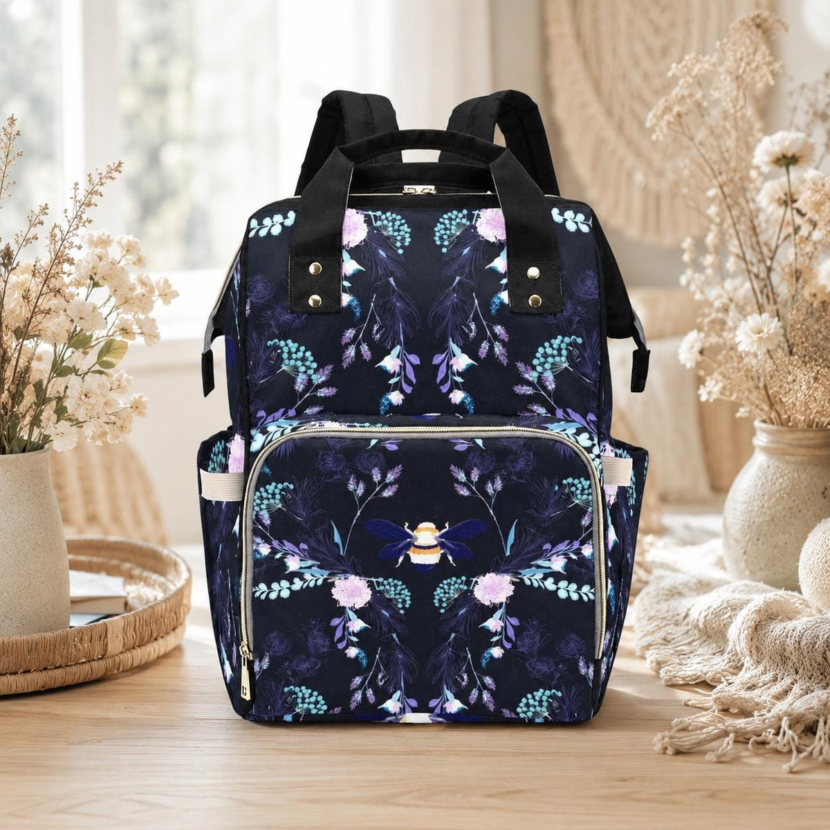 Botanical Bee Diaper Backpack, Floral Mom Bag, Stroller Organizer