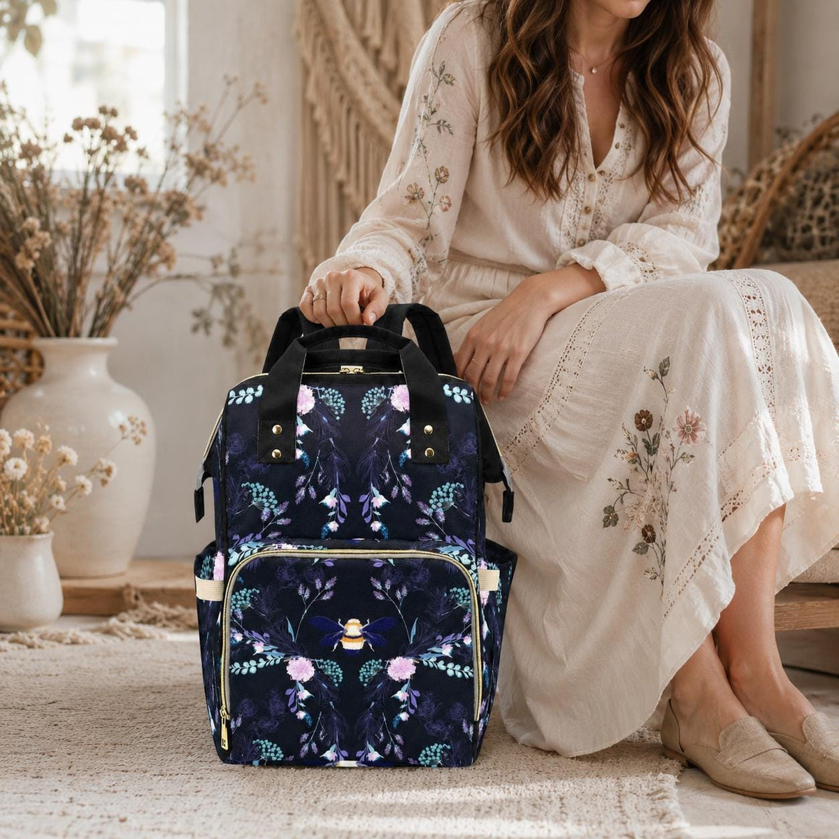 Botanical Bee Diaper Backpack, Floral Mom Bag, Stroller Organizer