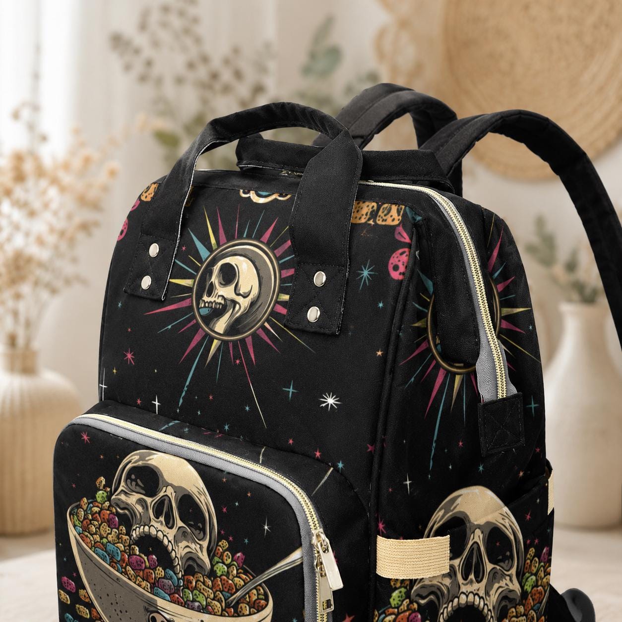 Skull Diaper Bag Backpack, Halloween Mom Pack, Baby Travel Organizer