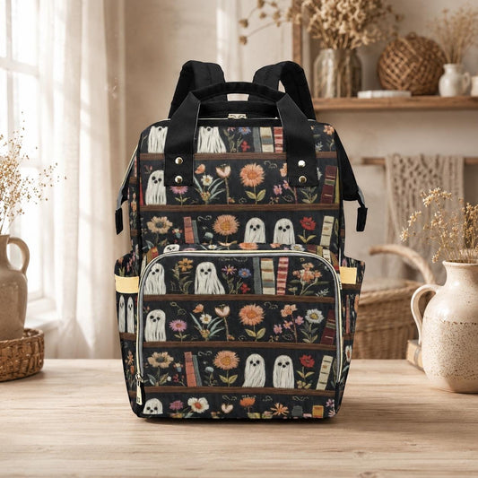 Ghost Diaper Bag Backpack, Bookish Floral Baby Travel Bag, Spooky Mom Stroller Bag