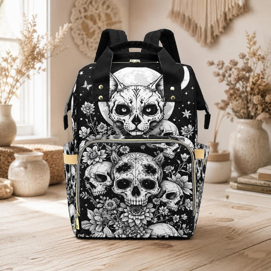 Gothic Diaper Bag Backpack, Skull Cat Mom Backpack, Baby Travel Organizer