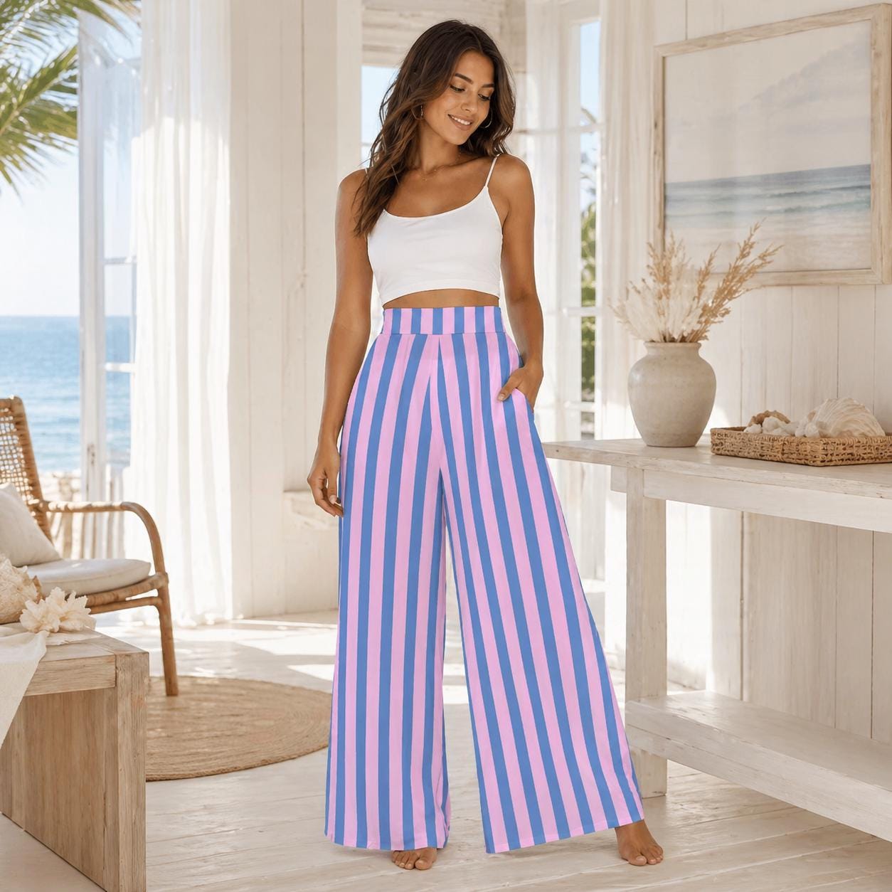 Pink Blue Striped Wide Leg Pants, Pastel High Waist Trousers, Summer Vacation Fashion
