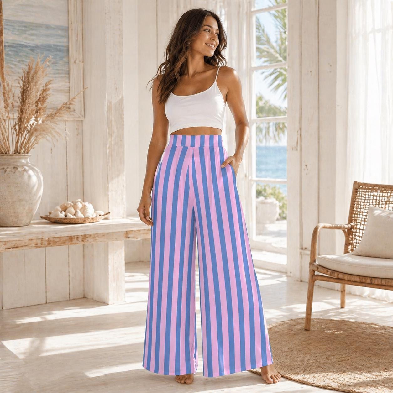 Pink Blue Striped Wide Leg Pants, Pastel High Waist Trousers, Summer Vacation Fashion