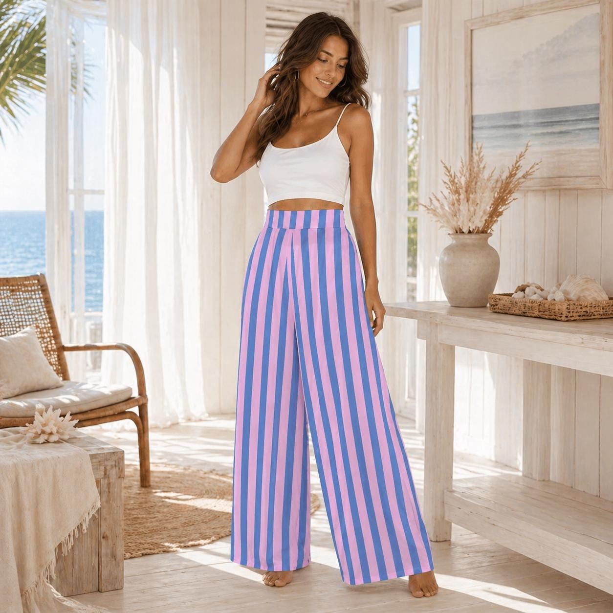 Pink Blue Striped Wide Leg Pants, Pastel High Waist Trousers, Summer Vacation Fashion