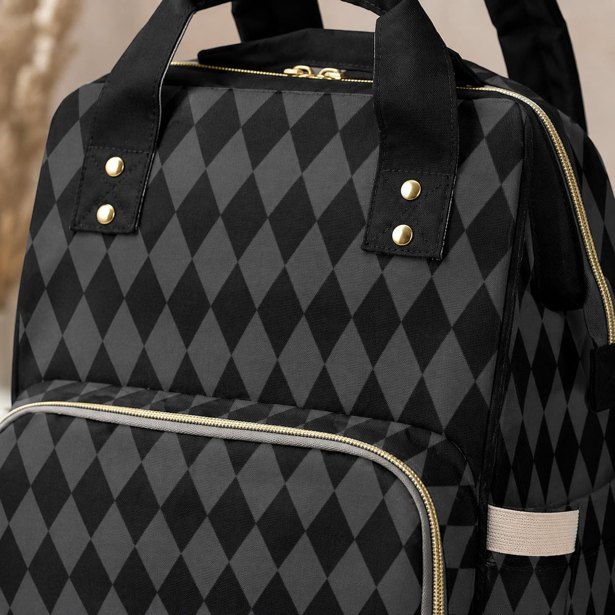 Diaper Bag Backpack in Black Argyle, Neutral Baby Travel Bag, Modern Mom Backpack