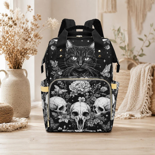 Goth Diaper Bag Backpack, Black Cat Baby Travel Bag, Skull Stroller Organizer