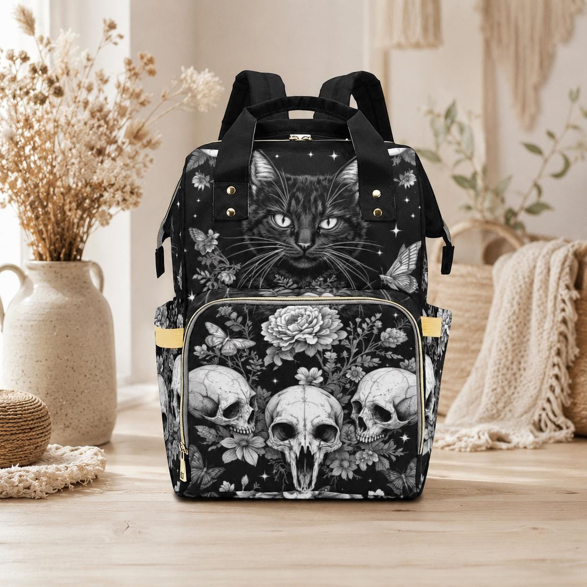 Goth Diaper Bag Backpack, Black Cat Baby Travel Bag, Skull Stroller Organizer