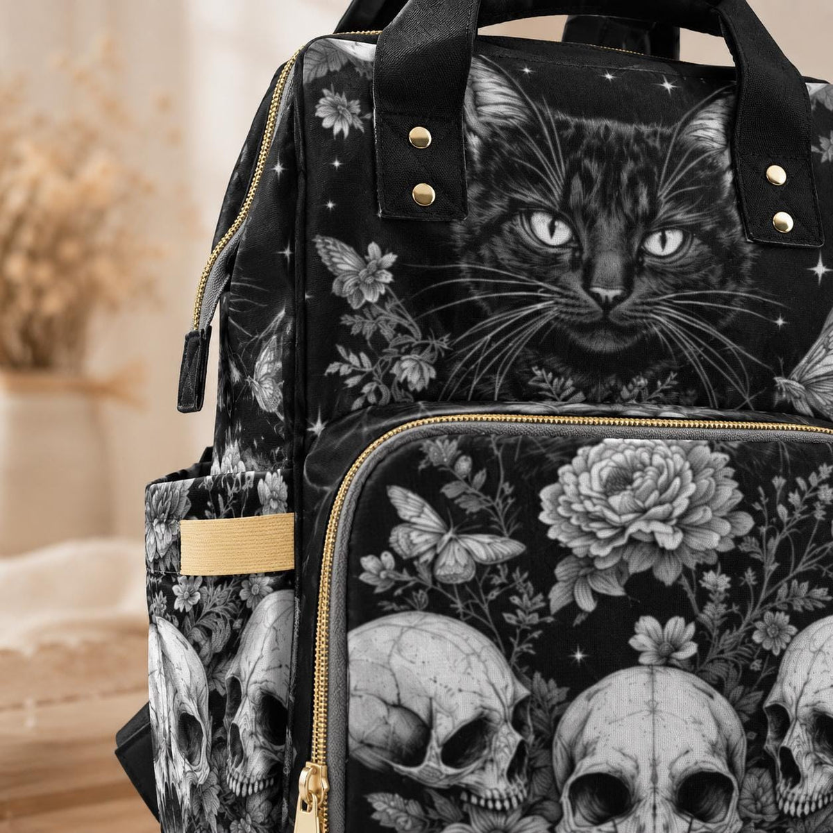 Goth Diaper Bag Backpack, Black Cat Baby Travel Bag, Skull Stroller Organizer