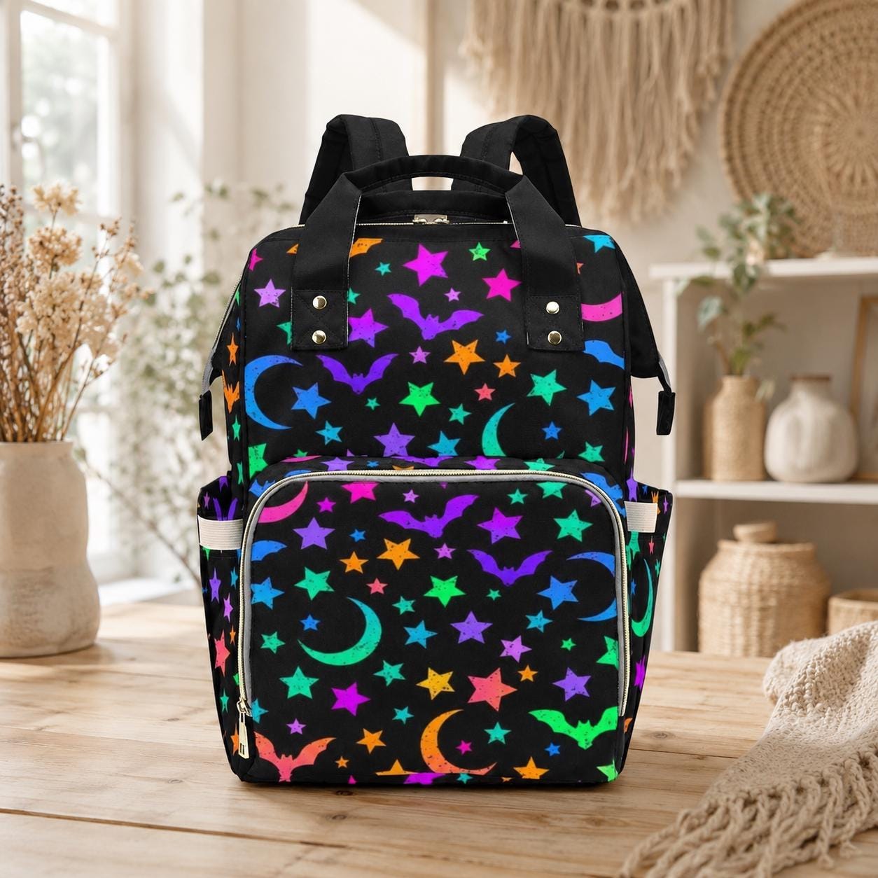 Spooky Diaper Bag Backpack, Neon Bat Moon Baby Bag, Halloween Mom Backpack