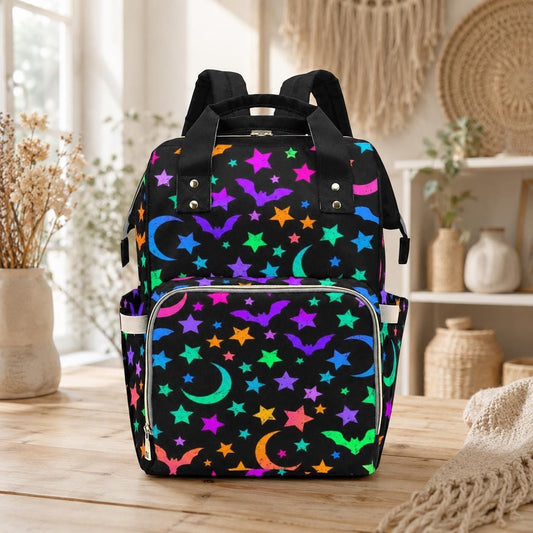 Spooky Diaper Bag Backpack, Neon Bat Moon Baby Bag, Halloween Mom Backpack