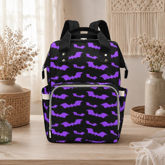 Purple Bat Diaper Bag Backpack, Gothic Baby Travel Bag, Halloween Stroller Bag