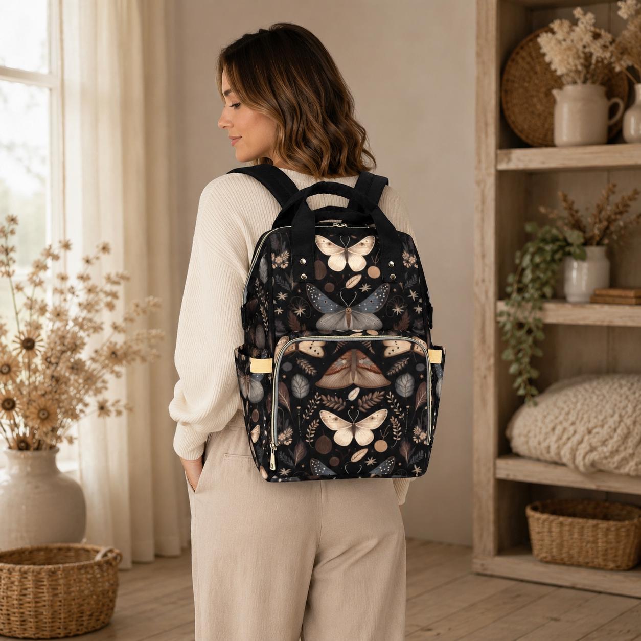 Moth Print Diaper Bag Backpack, Woodland Nursery Bag, Boho Mom Travel Pack