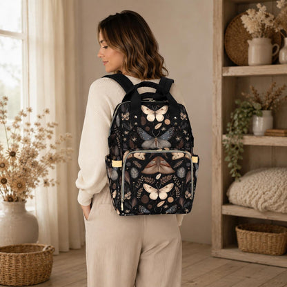 Moth Print Diaper Bag Backpack, Woodland Nursery Bag, Boho Mom Travel Pack