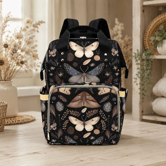 Moth Print Diaper Bag Backpack, Woodland Nursery Bag, Boho Mom Travel Pack
