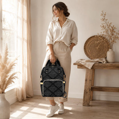 Black Damask Diaper Bag Backpack, Gothic Mom Backpack, Baby Travel Bag Organizer