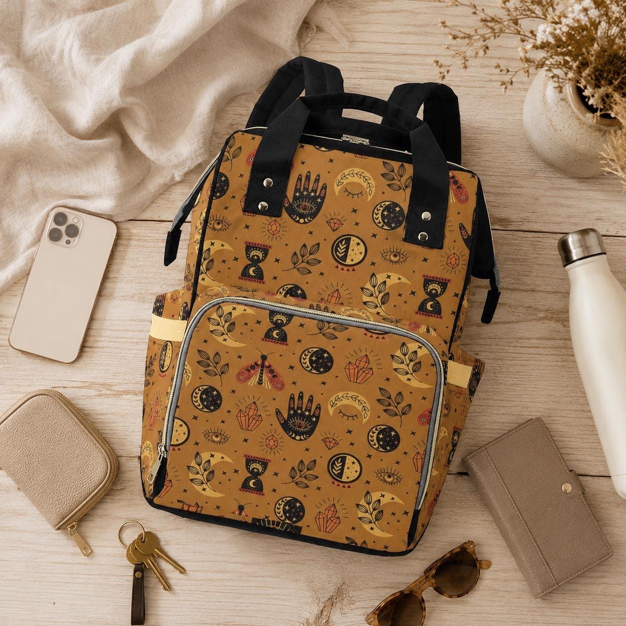 Celestial Diaper Bag Backpack, Boho Mom Travel Bag, Moon Phase Nursery Organizer