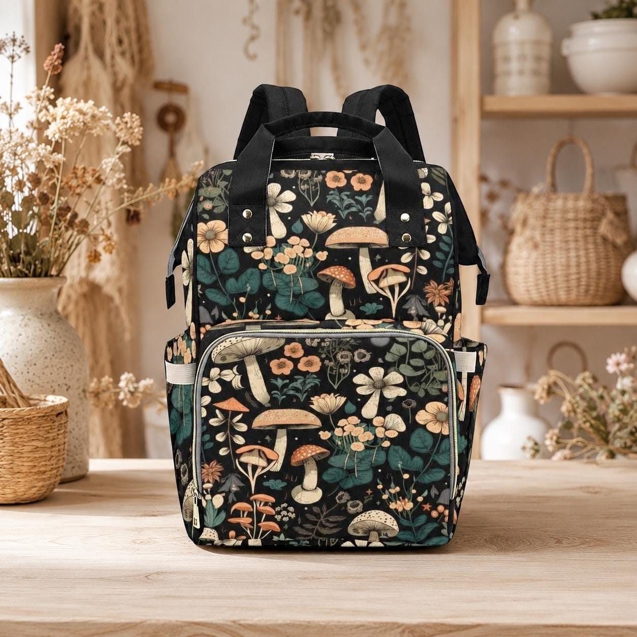 Mushroom Diaper Bag Backpack, Floral Baby Travel Bag, Cottagecore Mom Backpack Gift
