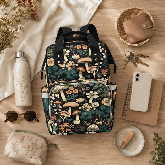 Mushroom Diaper Bag Backpack, Floral Baby Travel Bag, Cottagecore Mom Backpack Gift