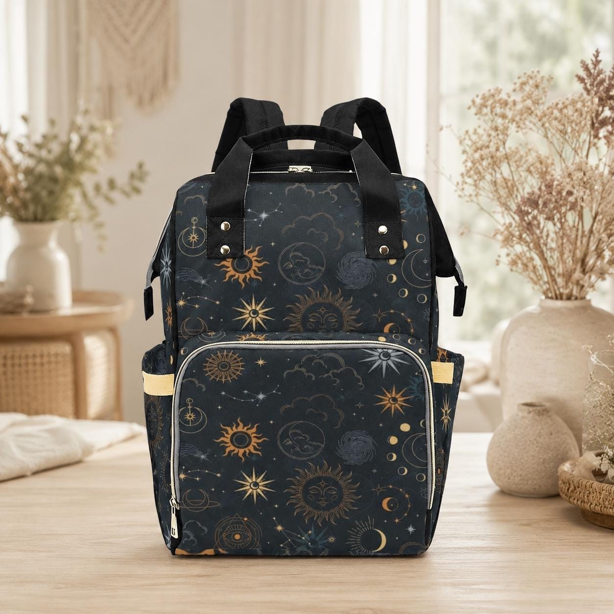 Celestial Sun and Moon Diaper Backpack, Astrology Pattern Baby Bag, Cosmic Travel Parent Bag