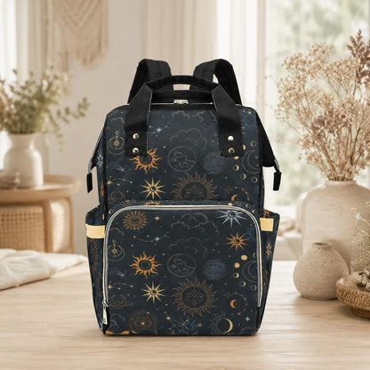 Celestial Sun and Moon Diaper Backpack, Astrology Pattern Baby Bag, Cosmic Travel Parent Bag
