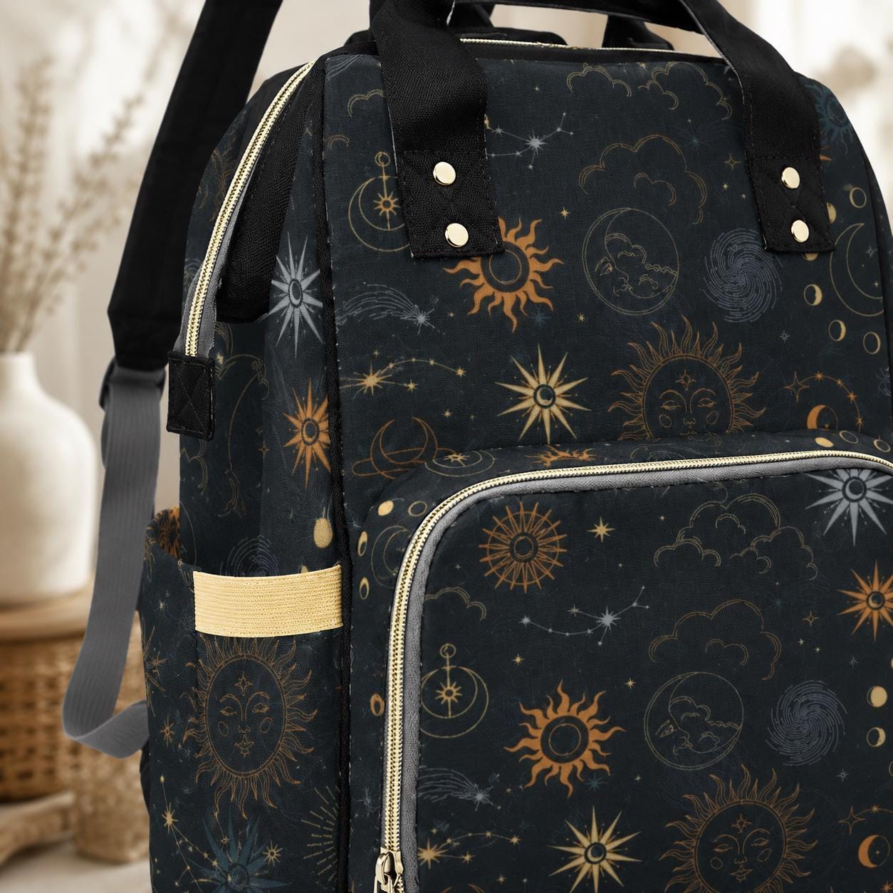 Celestial Sun and Moon Diaper Backpack, Astrology Pattern Baby Bag, Cosmic Travel Parent Bag