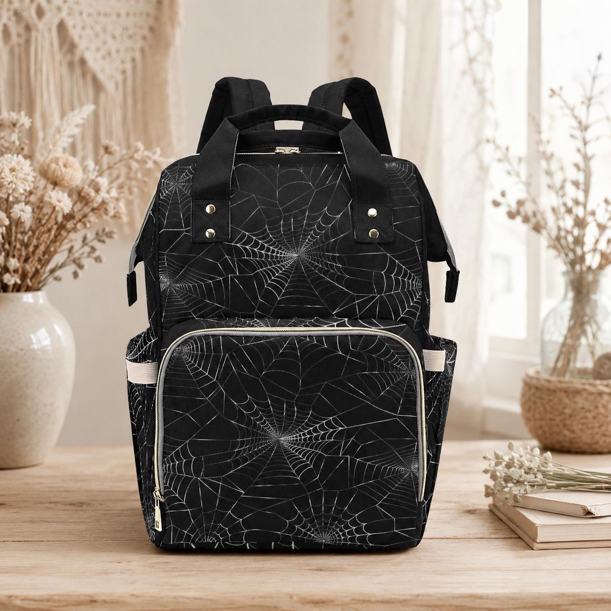 Spiderweb Pattern Diaper Backpack, Gothic Baby Bag, Occult Web Design