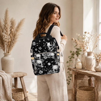 Diaper Bag Backpack, Gothic Skull Mom Bag, Celestial Baby Travel Bag