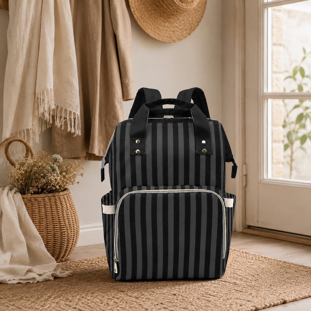 Black Striped Backpack, Gothic Diaper Bag, Dark Academia Organizer, Witchy Mom Tote, Alternative Baby Gear,Elegant Goth Gift,Goth Travel Bag