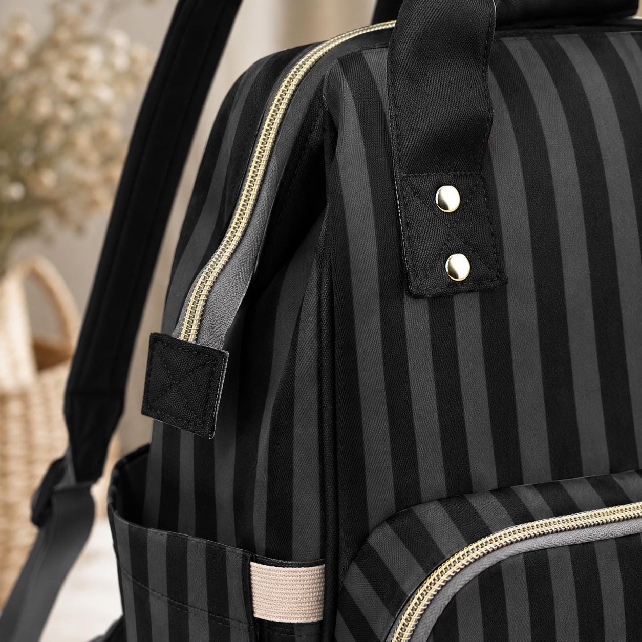 Black Striped Backpack, Gothic Diaper Bag, Dark Academia Organizer, Witchy Mom Tote, Alternative Baby Gear,Elegant Goth Gift,Goth Travel Bag