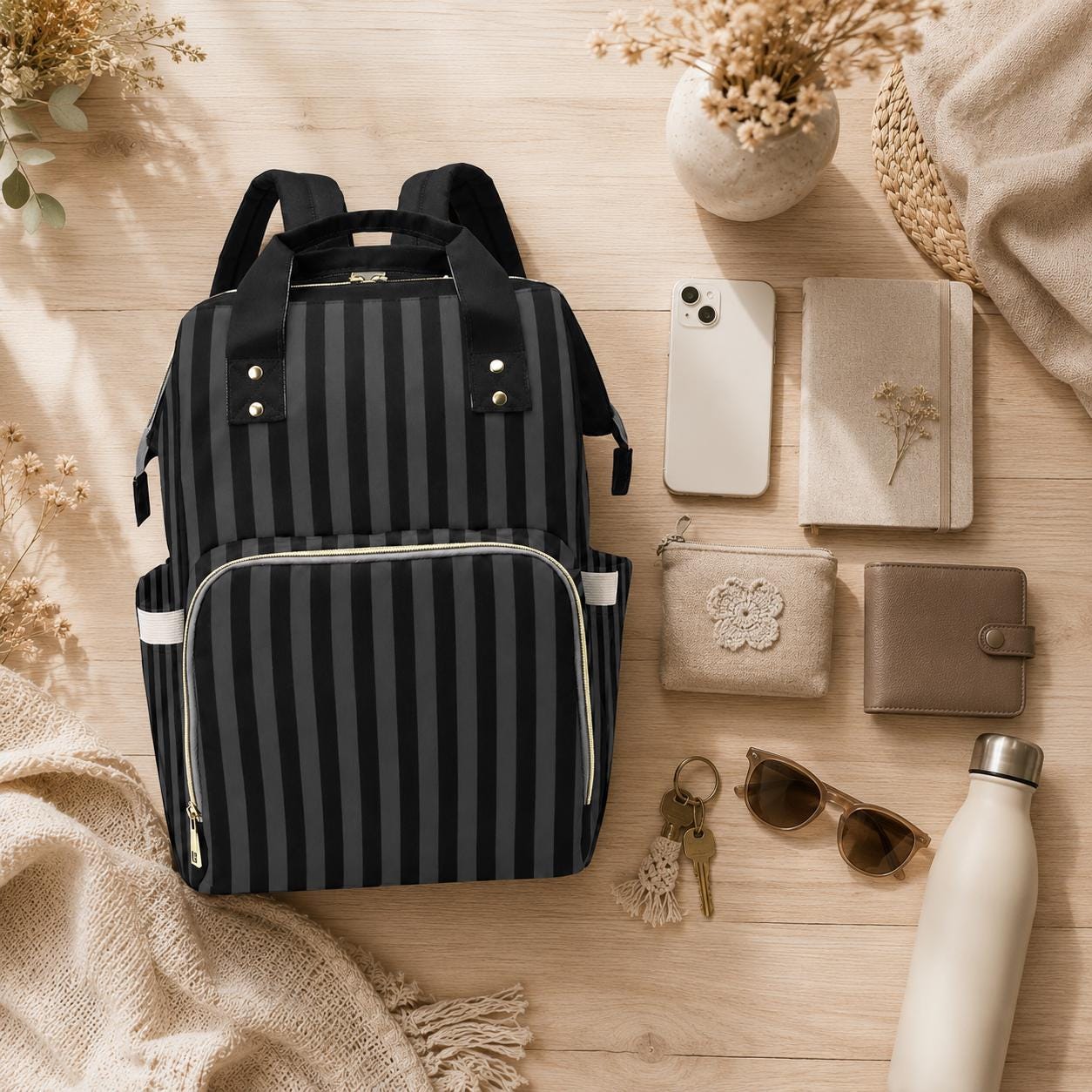 Black Striped Backpack, Gothic Diaper Bag, Dark Academia Organizer, Witchy Mom Tote, Alternative Baby Gear,Elegant Goth Gift,Goth Travel Bag