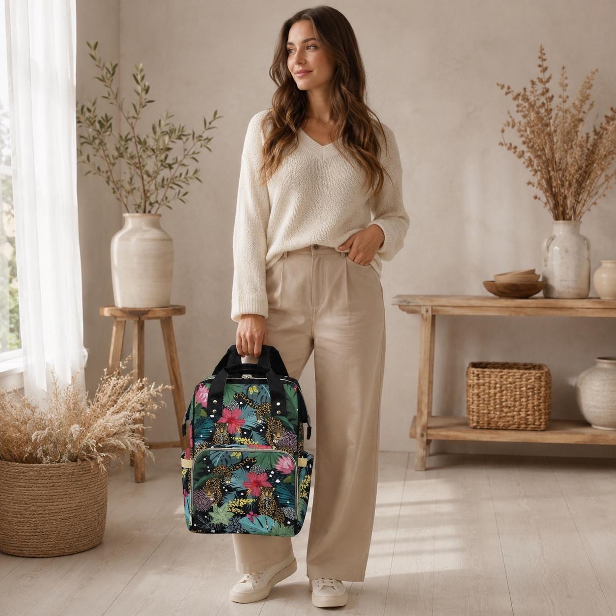 Leopard Diaper Bag Backpack, Tropical Baby Travel Bag, Floral Mom Backpack, Stroller Organizer